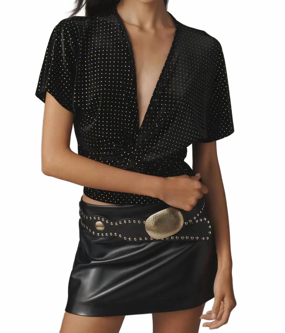 NEW BISHOP + YOUNG velvet twist front top in black polka dot